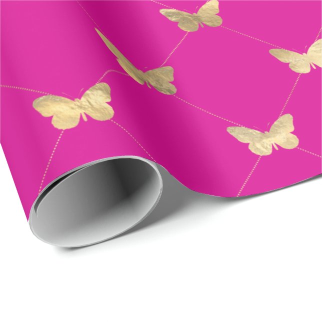 Elegantes Hot Pink Gold Butterfly Muster  Geschenkpapier (Rolleneckpunkt)
