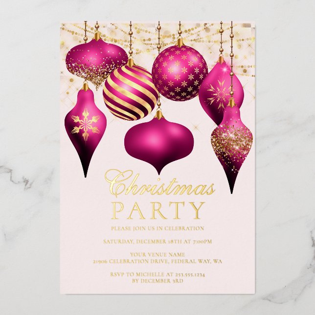 Elegantes Hot Pink Gold Ornamente Weihnachten Part Folieneinladung (Vorderseite)