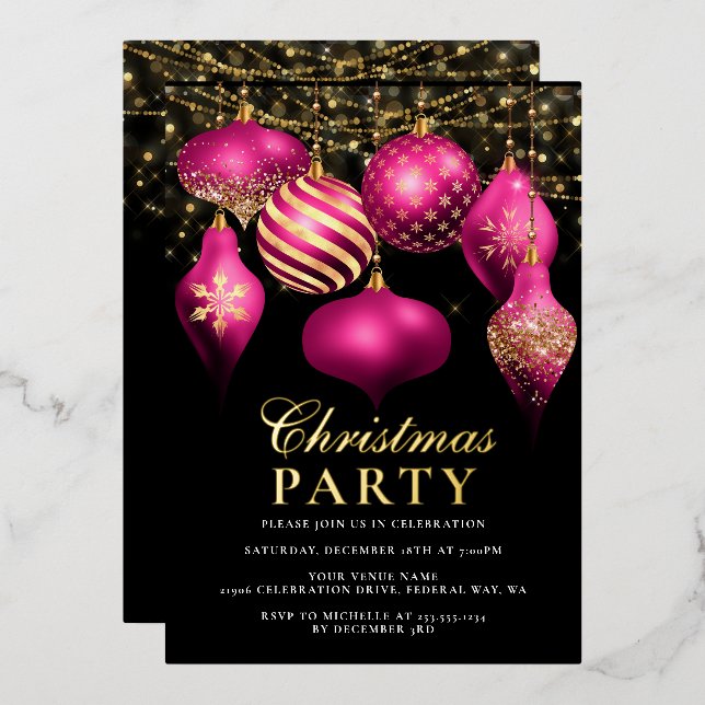 Elegantes Hot Pink Gold Ornamente Weihnachten Part Folieneinladung (Vorderseite/Rückseite)