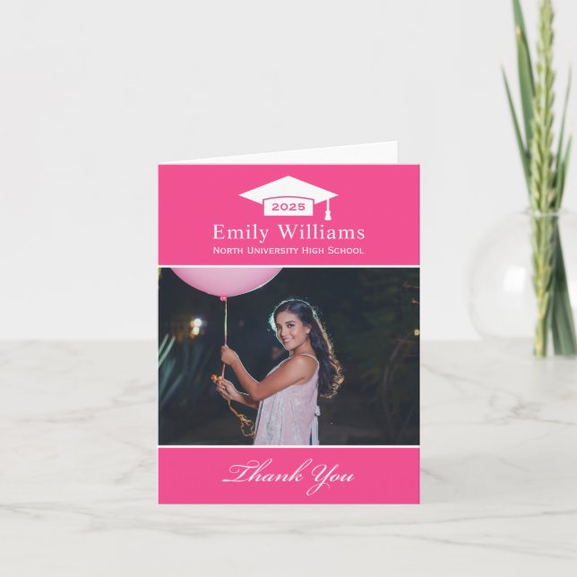 Elegantes Hot Pink Personalisiert Abschluss Foto Dankeskarte (Vorderseite)
