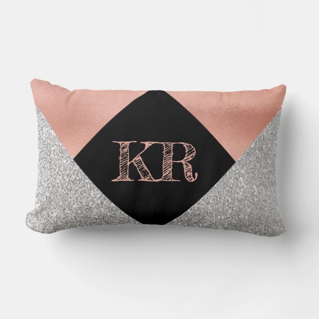Elegantes Hot Pink Silver Glitzer Schwarzes Monogr Lendenkissen (Vorderseite)