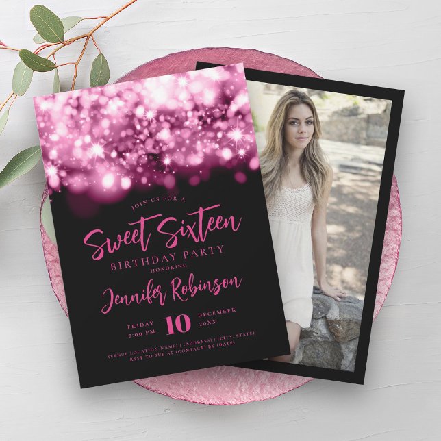 Elegantes Hot Pink Sparkle Lights Foto Sweet 16 Einladung (Elegant Hot Pink Sparkle Lights Photo Sweet 16 Invitation)
