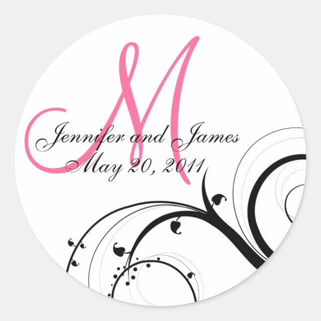 Elegantes Hot Pink Swirl Monogram Wedding Siegel Runder Aufkleber (Vorderseite)