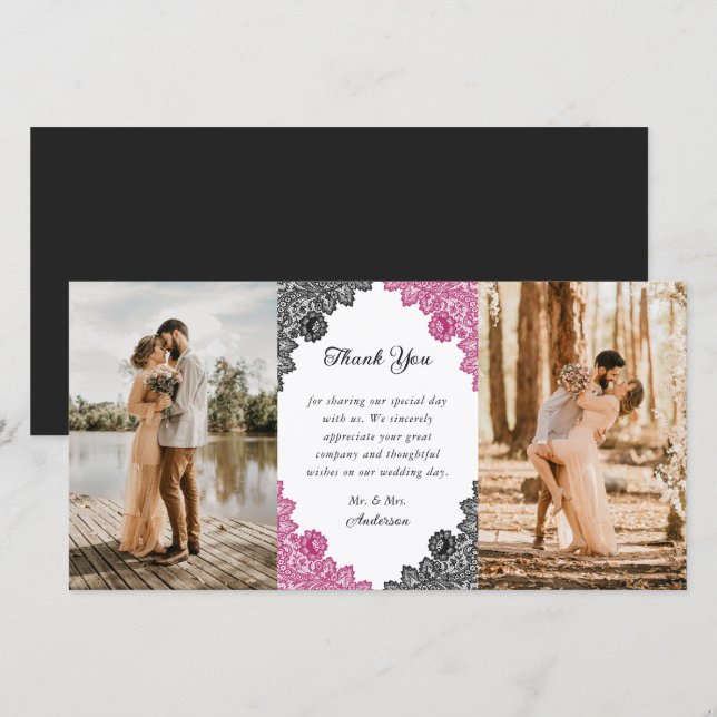 Elegantes Hot Pink und Black Floral Wedding Foto Dankeskarte (Vorne/Hinten)