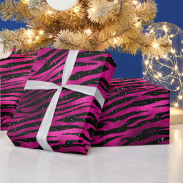 Elegantes Hot Pink und Schwarzer Glitzer Tiger Str Geschenkpapier