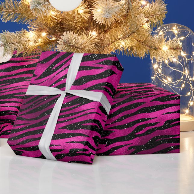 Elegantes Hot Pink und Schwarzer Glitzer Tiger Str Geschenkpapier (Feiertage)
