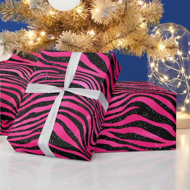 Elegantes Hot Pink und Schwarzer Glitzer Tiger Str Geschenkpapier (Feiertage)