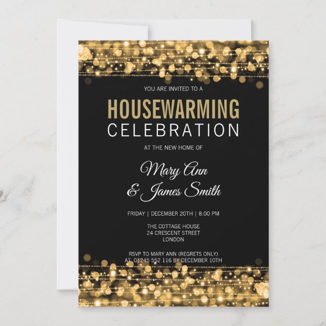 Elegantes Housewarming Party Gold Lights & Glitzer Einladung (Vorderseite)