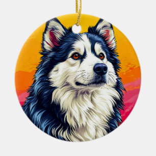 Elegantes Husky-Portrait mit lebendigem Sonnenunte Keramik Ornament