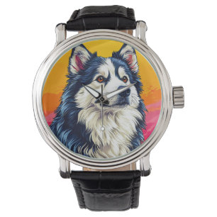 Elegantes Husky-Porträt mit lebendiger Sonnenunter Armbanduhr