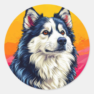 Elegantes Husky-Porträt mit lebendiger Sonnenunter Runder Aufkleber