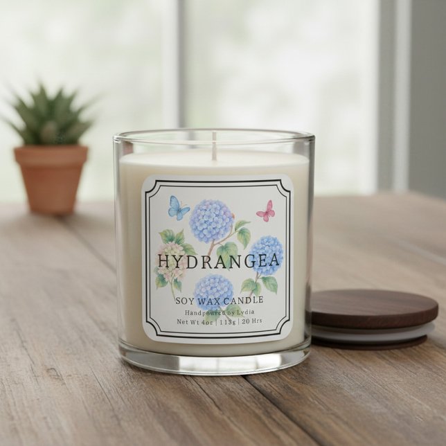 Elegantes Hydrangea Soy Wax Candle Business Label Quadratischer Aufkleber (Von Creator hochgeladen)