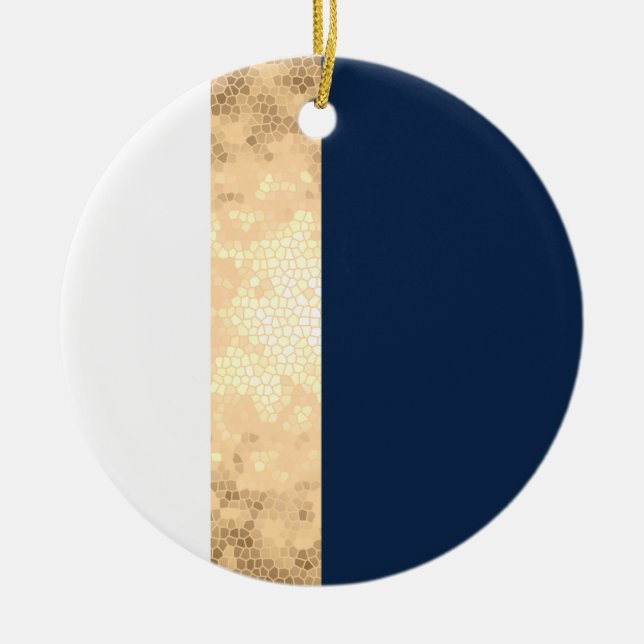 elegantes Imitat Gold, Marineblau, weiße Streifen Keramikornament (Vorne)