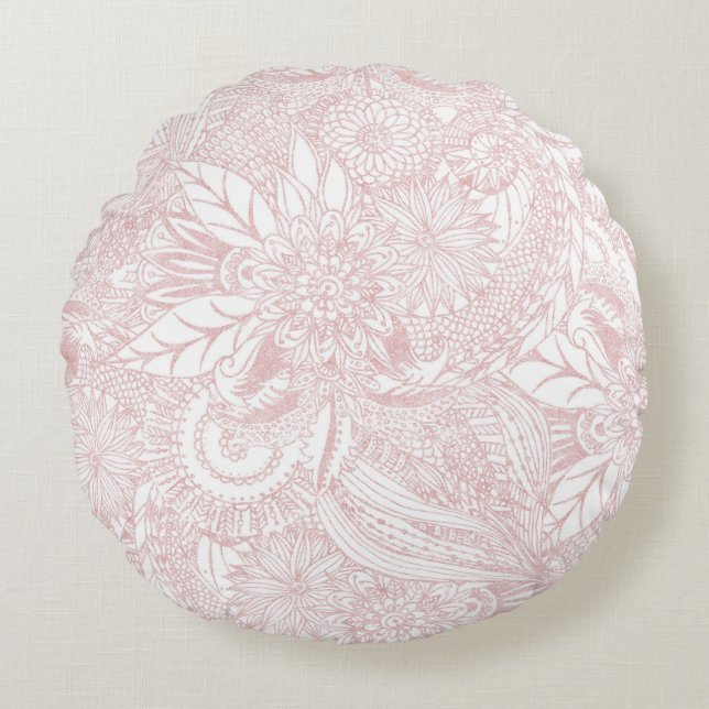 Elegantes Imitat Rose Gold Blumenmandala Design Rundes Kissen (Vorderseite)