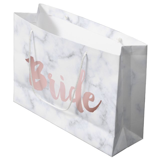 elegantes Imitat Rose Gold "Braut" weißer Marmor Große Geschenktüte (Vorderseite Schrägansicht)