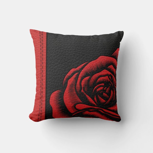 Elegantes Imitat-Schwarz-rote lederne Rose Kissen (Vorderseite)