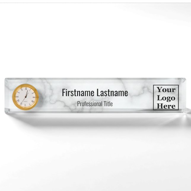 Elegantes Imitat Weißes Marmor Ihr Logo hier Namensplakette (Vorderseite)