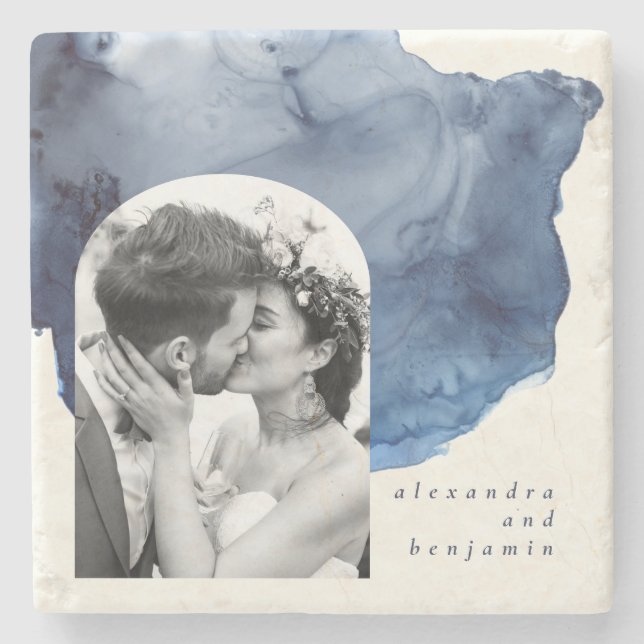 Elegantes Indigo Abstrakt Watercolor Hochzeitszita Steinuntersetzer (Vorderseite)