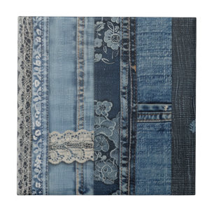 Elegantes Indigo Lace Stripe Denim Muster (2) Fliese