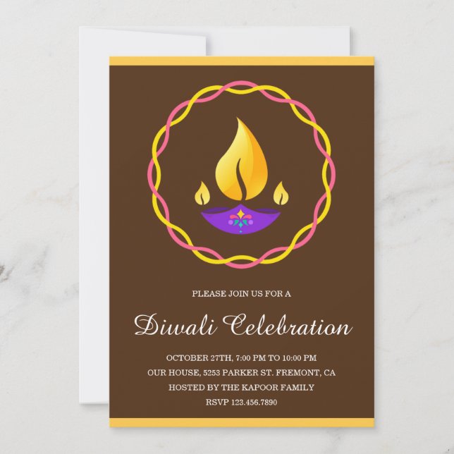 Elegantes indisches Diya Lamp Brown Diwali Party Einladung (Vorderseite)