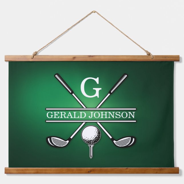 Elegantes, individuelles Golf Monogram Design Wandteppich Mit Holzrahmen (Vorne)
