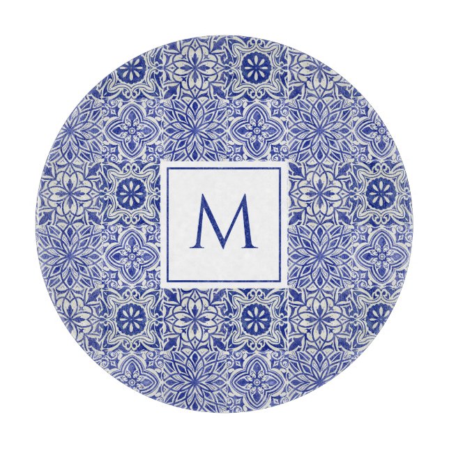 Elegantes individuelles Monogramm Blau Weiß Schneidebrett (Vorderseite)