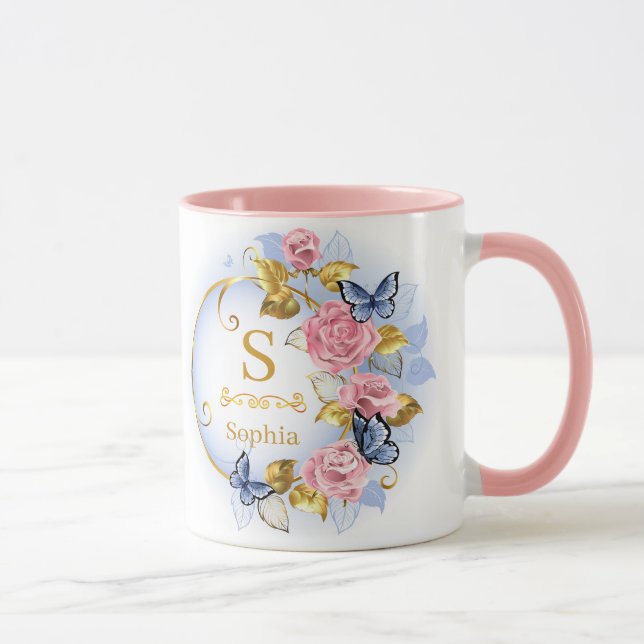 Elegantes initiales Blumen-Schmetterling-Monogramm Tasse (Rechts)