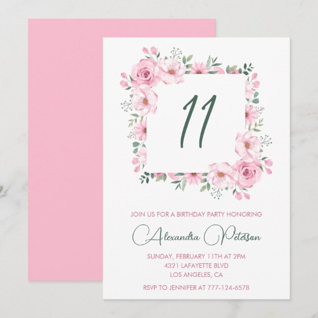 Élégantes invitations à 11e anniversaire Floral Pi (Devant / Derrière)