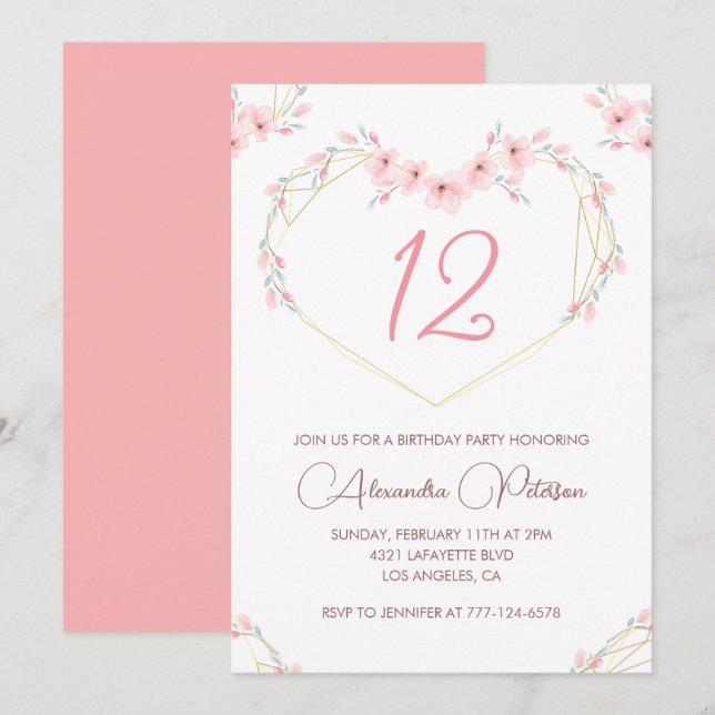 Élégantes invitations à 12e anniversaire Pink Flor (Devant / Derrière)