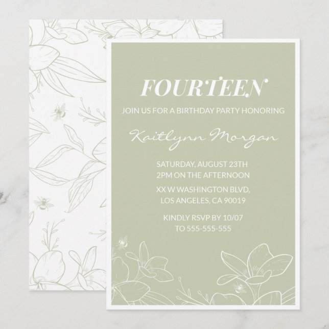 Élégantes invitations à 14e anniversaire Floral mo (Devant / Derrière)