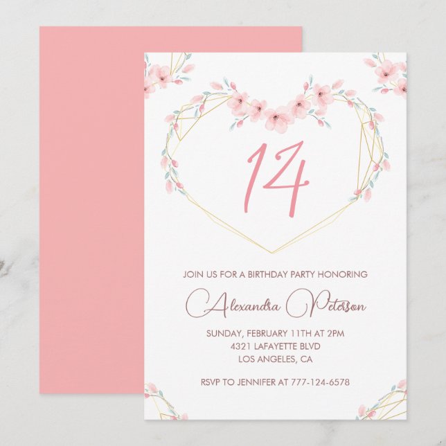 Élégantes invitations à 14e anniversaire Pink Flor (Devant / Derrière)