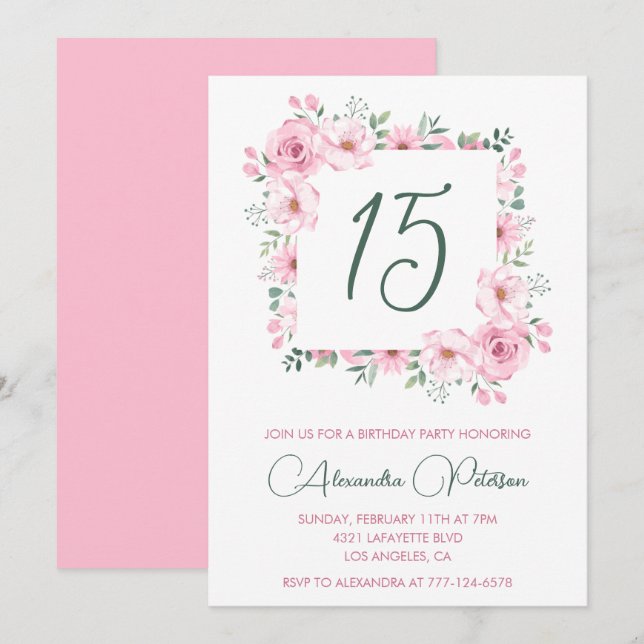 Élégantes invitations à 15e anniversaire Floral Pi (Devant / Derrière)