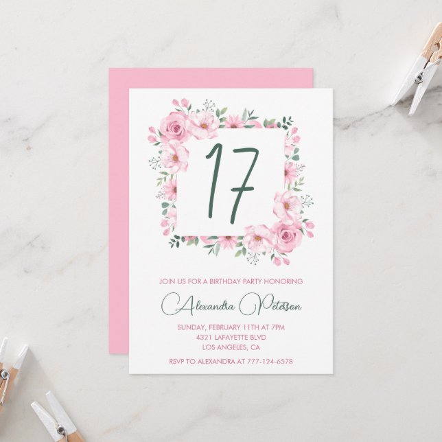 Élégantes invitations à 17e anniversaire Floral Pi (Devant/Arrière en situation)