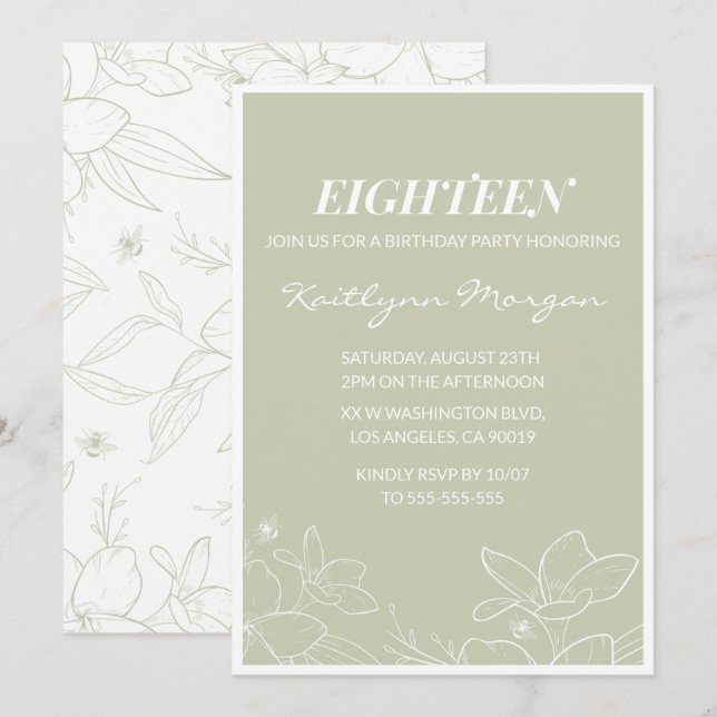 Élégantes invitations à 18e anniversaire Floral mo (Devant / Derrière)