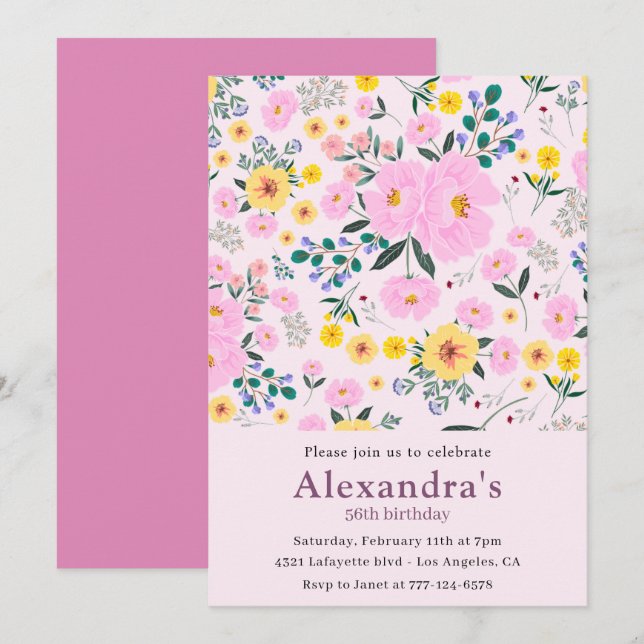Élégantes invitations à 56e anniversaire Pink Flor (Devant / Derrière)