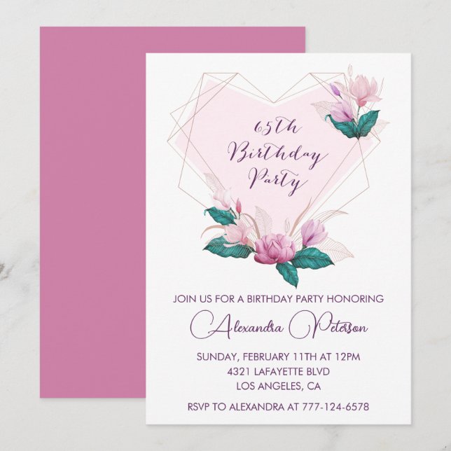 Élégantes invitations à 65e anniversaire Pink Flor (Devant / Derrière)