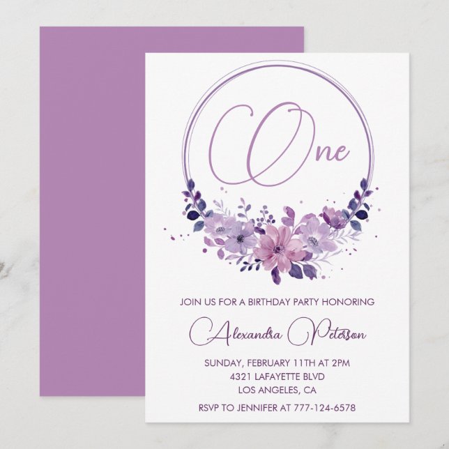 Elégantes invitations de 1er anniversaire Floral P (Devant / Derrière)