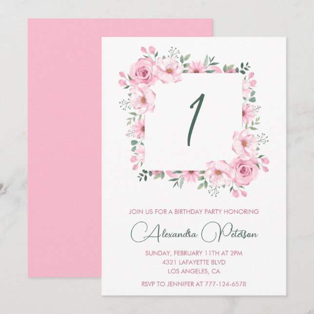 Elégantes invitations de 1er anniversaire Floral P (Devant / Derrière)