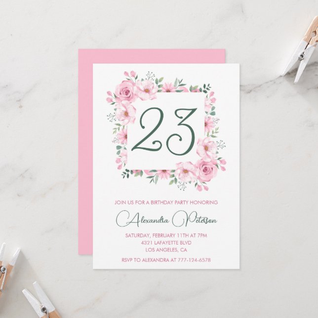 Élégantes invitations de 23e anniversaire Floral P (Devant/Arrière en situation)