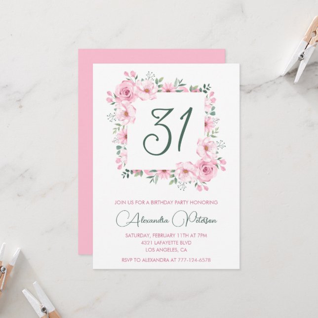 Élégantes invitations de 31e anniversaire Floral P (Devant/Arrière en situation)