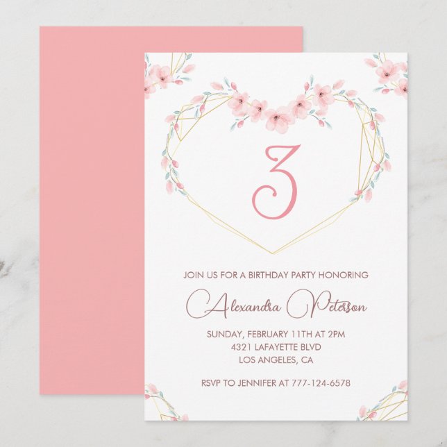 Elégantes invitations de 3e anniversaire Pink Flor (Devant / Derrière)
