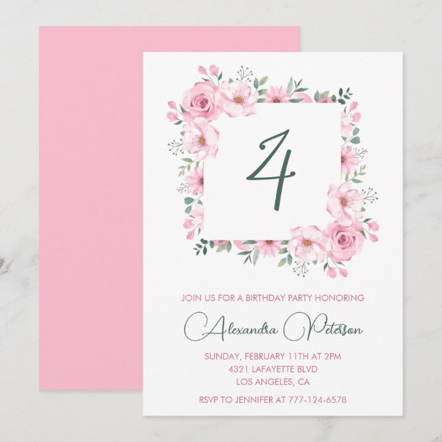 Elégantes invitations de 4ème anniversaire Floral  (Devant / Derrière)