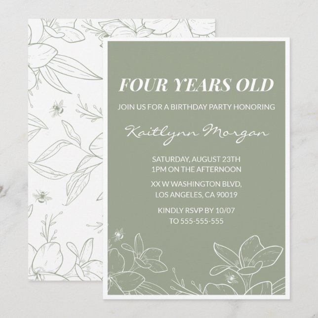 Elégantes invitations de 4ème anniversaire Floral  (Devant / Derrière)