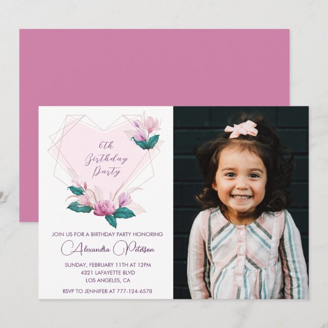 Elégantes invitations de 6e anniversaire Floral Ph (Devant / Derrière)