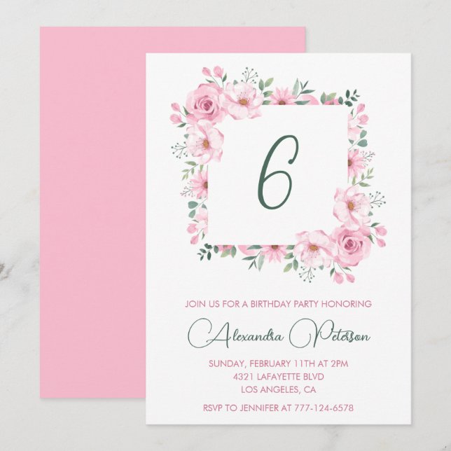 Elégantes invitations de 6ème anniversaire Floral  (Devant / Derrière)