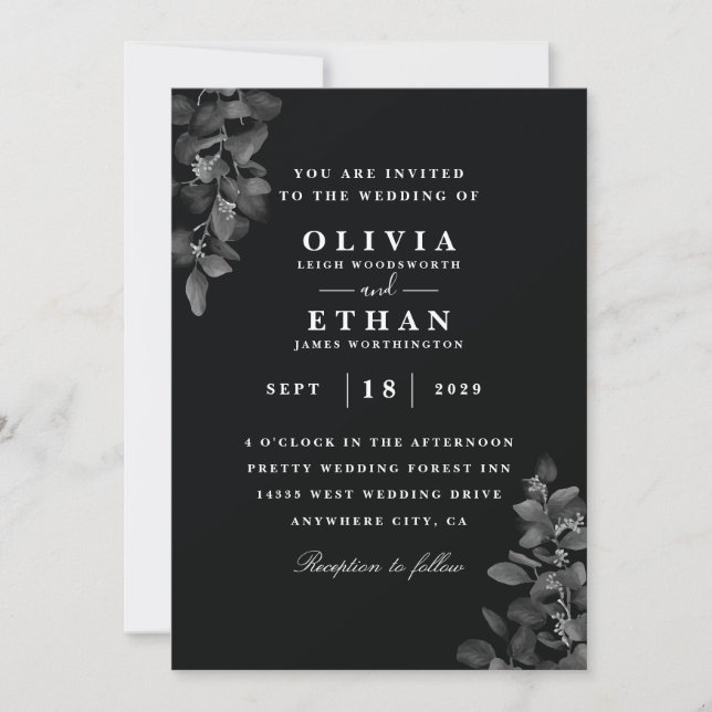 Elégantes invitations noires de mariage (Devant)