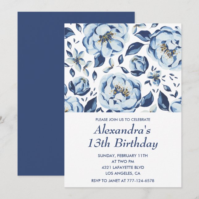 Élégantes invitations pour 13e anniversaire Floral (Devant / Derrière)