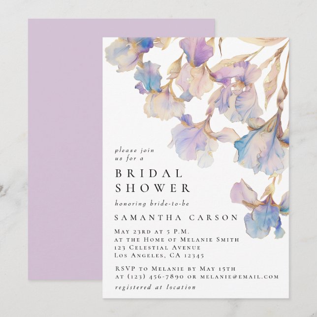 Elegantes Iris Floral Watercolor Brautparty Einladung (Vorne/Hinten)