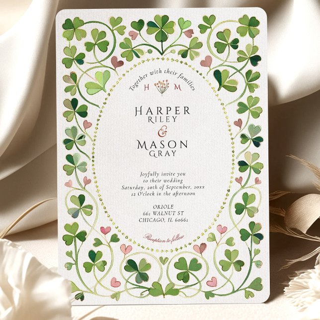 Elegantes Irish Kleeblatt & Hearts Watercolor Wedd Einladung (Von Creator hochgeladen)