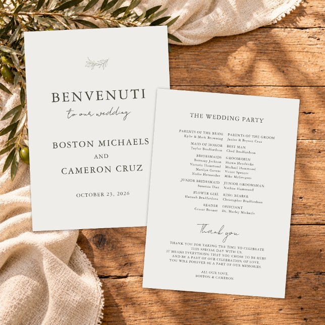 Elegantes italienisches Ziel-Hochzeitsprogramm Programm (Modern elegant Italian destination wedding program with minimalist script typography and classic)